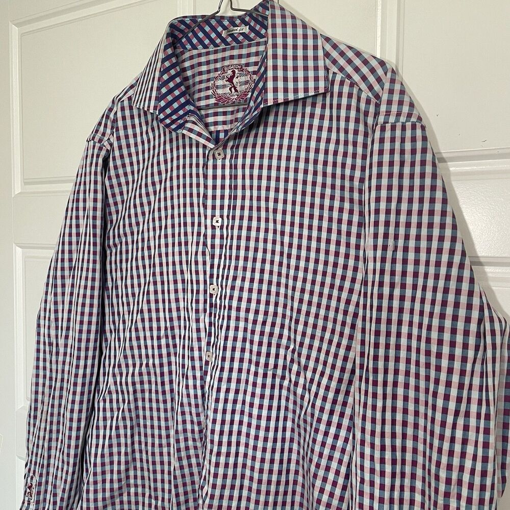 Bugatchi Button Down Shirt Mens XL Blue Pink Gingham Shaped Fit Cotton LS - Picture 5 of 9